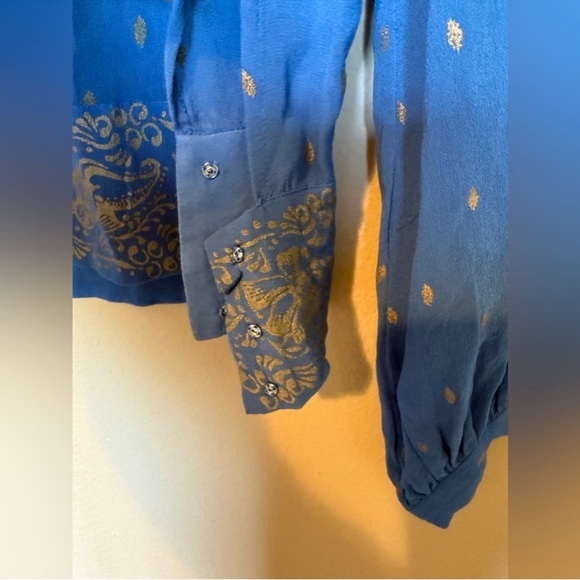 ISABEL MARANT ÉTOILE Sheer Silk Printed Button Up Top Blue Gold Size Small - Picture 6 of 11